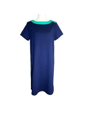 Susan Graver Weekend Shift Dress Women Small Navy Blue Green Button Nautical Mod